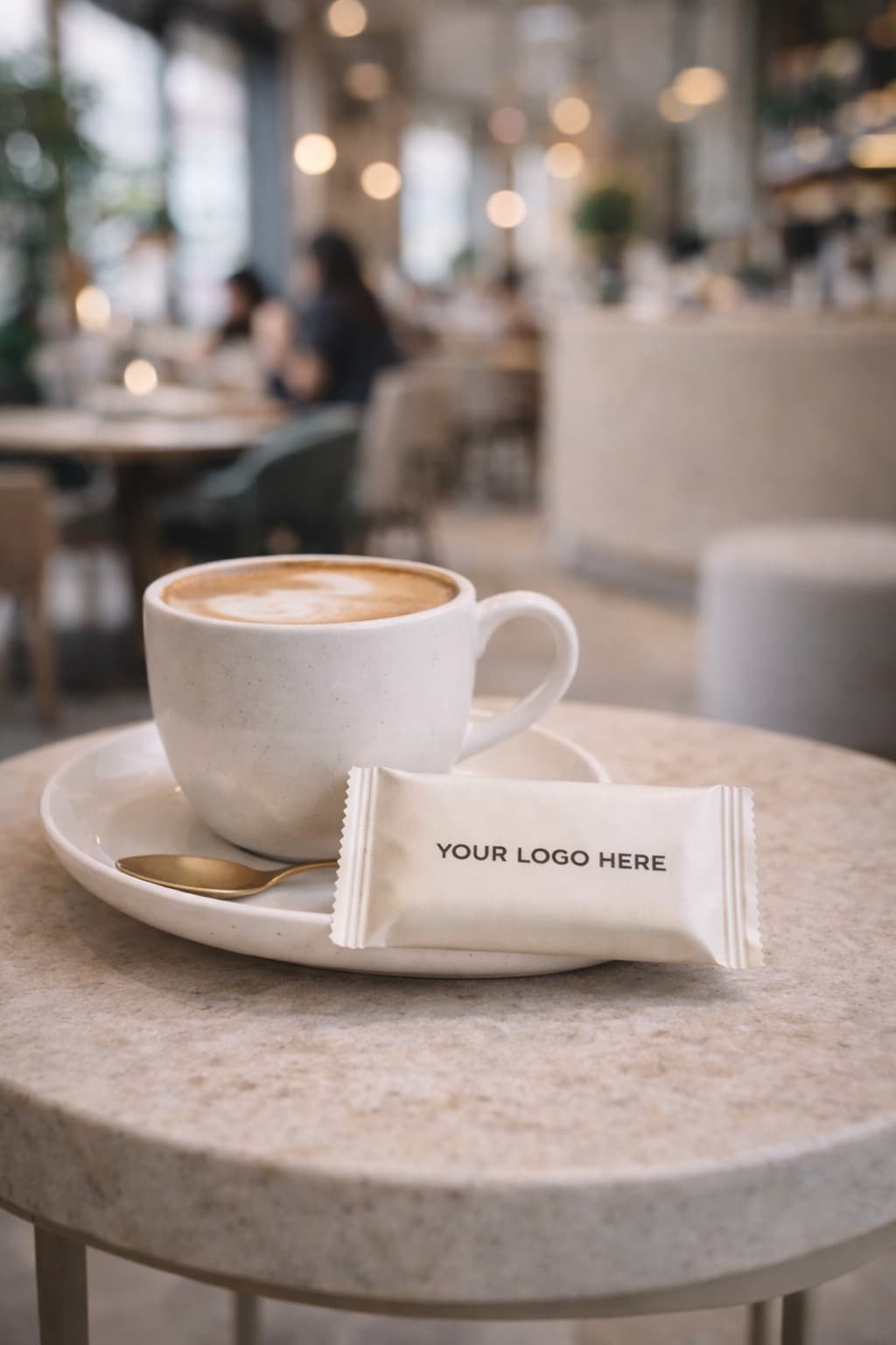 Branded cookies paired with coffee at a café in Dubai